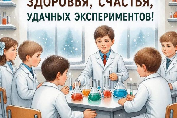 Открытка (картинка) "С добрым утром!" с детьми на уроке химии. Создавал для коллег, родных и близких.