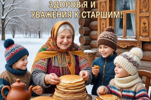 Открытка (картинка) "С добрым утром!" с детьми и их бабушкой, пришли на блины. Создавал для коллег, родных и близких.