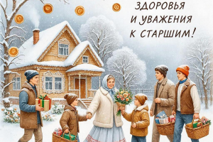 Открытка (картинка) "С добрым утром!" с детьми, которые пришли к бабушке на блины. Создавал для коллег, родных и близких.