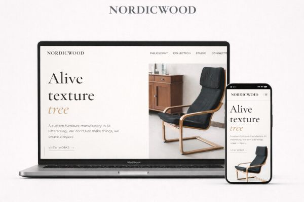 Веб-дизайн и frontend-разработка сайта мебельного ателье в стиле Warm Minimal (Furniture / Craft UI)