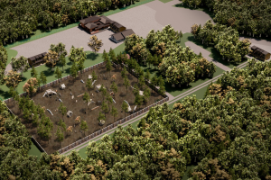 Выполнена 3D-визуализация пейнтбольного клуба. Цель — предоставить инвесторам фотореалистичные кадры для утверждения концепции и выделения средств.