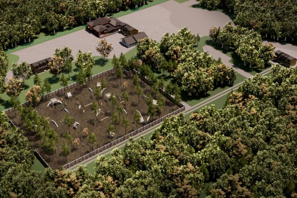 Выполнена 3D-визуализация пейнтбольного клуба. Цель — предоставить инвесторам фотореалистичные кадры для утверждения концепции и выделения средств.