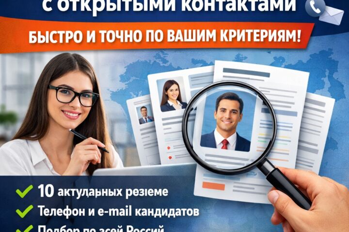 Сделаю подборку резюме в РФ с открытыми контактами(телефон, е-мейл)