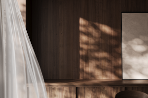 3D визуализация гостиной с камном