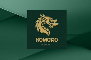 Премиальный логотип для ресторана азиатской кухни KOMORO — символ дракона в золотом исполнении