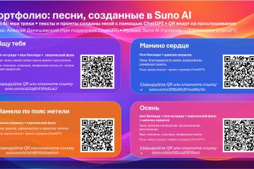 Создание 4 песен в Suno AI: авторские тексты + промпты (ChatGPT) + упаковка портфолио с QR-ссылками