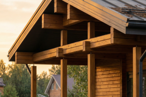 Визуализация дома из бруса для застройщика: летний и зимний виды фасада + планировка для маркетинга и сайта