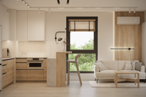 Визуализация кухни-гостиной и коридора в квартире 56 м2