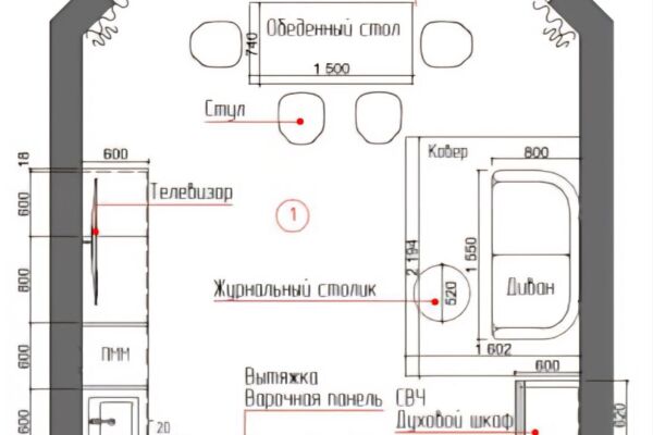 3d коллаж + план расстановки мебели кухни - гостиной