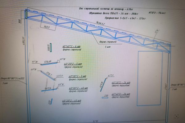 Разработка КД навеса для террасы 6×5 м из металлических ферм под металлочерепицу