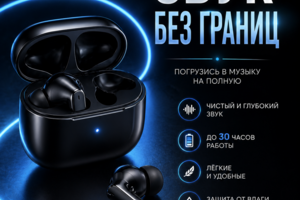 Карточка беспроводных наушников — премиум визуал и акцент на преимуществах