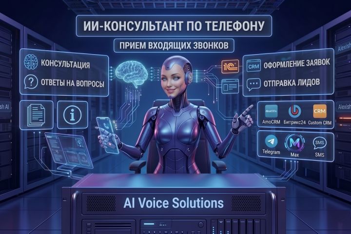 ИИ-консультант по телефону: автоматический прием и обработка входящих звонков.