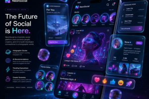 NeonSocial — футуристичный UI/UX дизайн мобильного приложения для соцсети