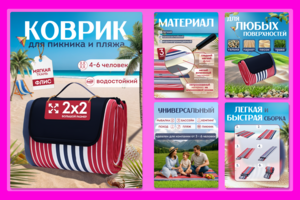 Инфографика для WB в категории: "Дом". Товар: Коврик для пикника и пляжа 2×2 м