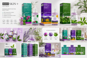 упаковки и этикеток для серии натуральных сывороток для лица бренда BEAUTY SKIN+