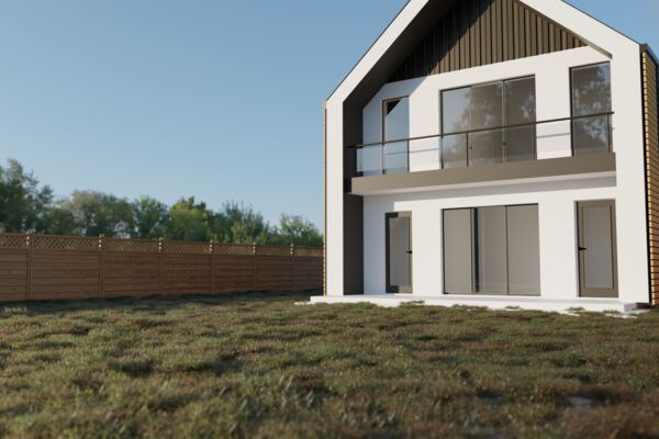 Двухэтажного дома в стиле Barn House — 3D-визуализация экстерьера