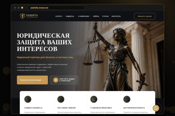 Сайт юридической компании ГК «ЗАЩИТА» — 12 направлений практики, 100+ страниц услуг