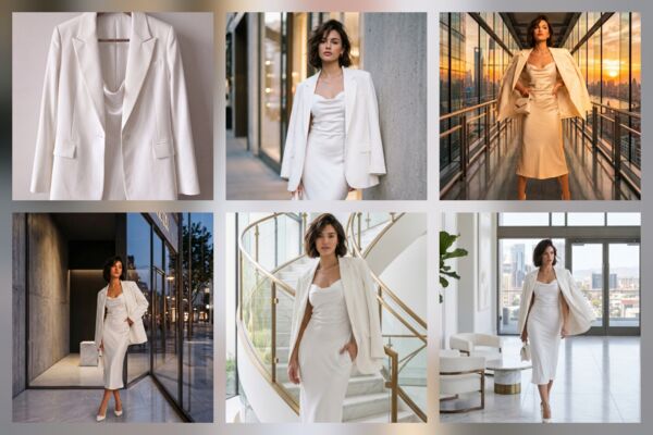 AI-фотосессия Urban White Capsule. Для интернет-магазина одежды. Для презентации нового белого костюма с демонстрацией кроя и городского стиля.