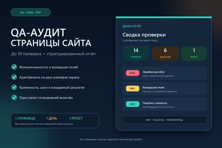 Проведу экспресс QA-аудит страницы сайта с PDF-отчётом