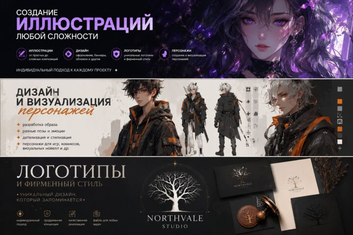 Создание иллюстраций любой сложности, дизайн, логотипы, визуализация персонажей.