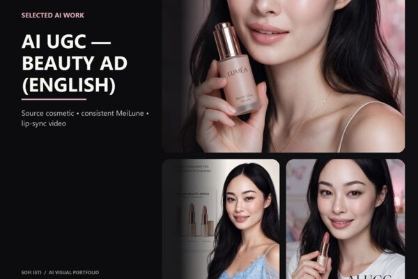 ИИ / AI UGC beauty-реклама — виртуальная модель, продукт и английский липсинк