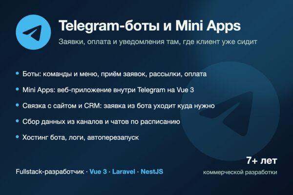 Telegram-боты и мини-приложения: заявки, уведомления, кабинет внутри мессенджера