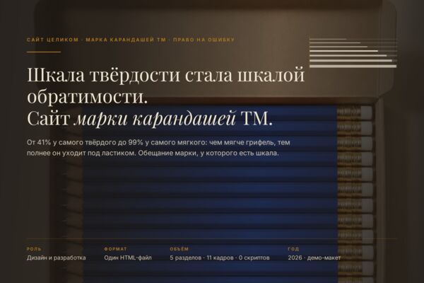 Демо-сайт марки карандашей «ТМ»: шкала твёрдости превращена в шкалу обратимости, журнальная вёрстка, ноль скриптов