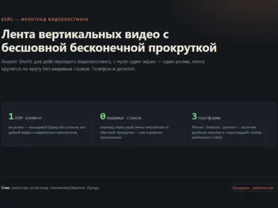 Лента вертикальных видео (аналог Shorts) для видеохостинга: бесшовная бесконечная карусель, сделана с нуля