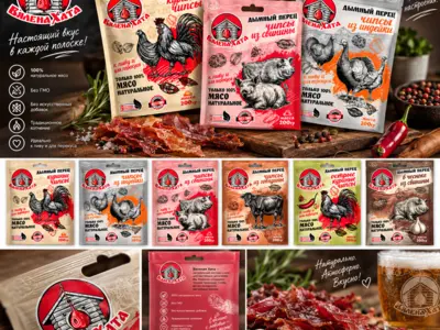 Разработка логотипа и фирменного дизайна упаковки для линейки мясных снеков «Вялена Хата»