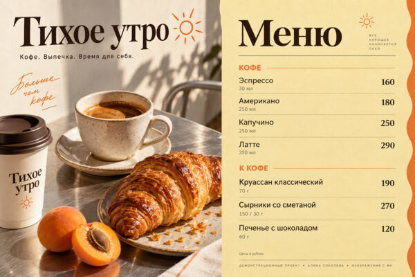 «Тихое утро» — меню и визуальный стиль кофейни