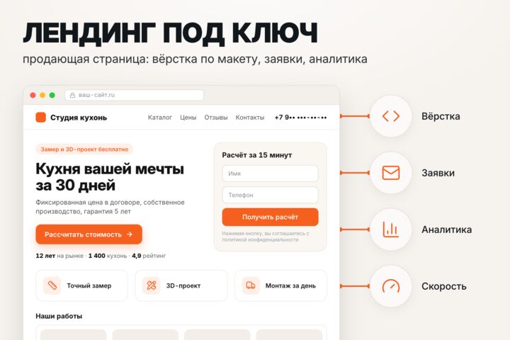 Лендинг под ключ: вёрстка, формы заявок, аналитика, запуск