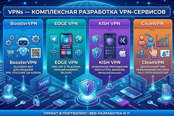 Разработка комплекса VPN-сервисов (BoosterVPN, EDGE VPN, KISH VPN, CleanVPN)