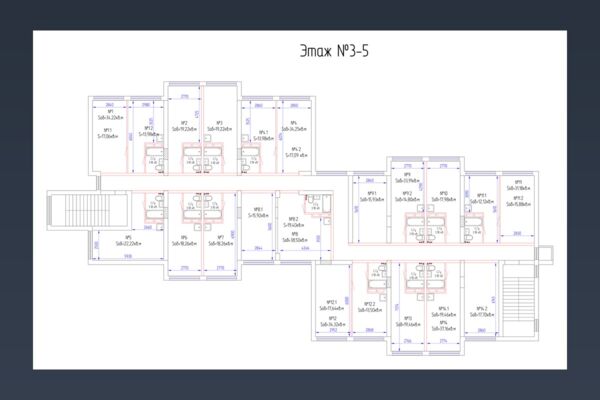 Восстановление трёх планов этажей в DWG: полилинии, размерные цепочки, блоки санузлов