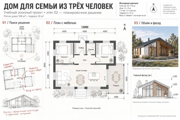 Дом 12 × 9 м: от эскиза к архитектурной концепции