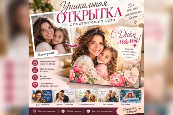 Открытку, портрет по фото для подарка и печати