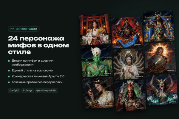 24 портрета мифологических персонажей — ИИ-иллюстрации в едином стиле