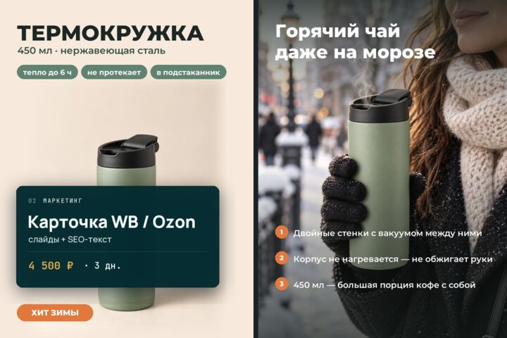 Карточка Wildberries / Ozon под ключ: 5–6 слайдов, SEO-название, описание