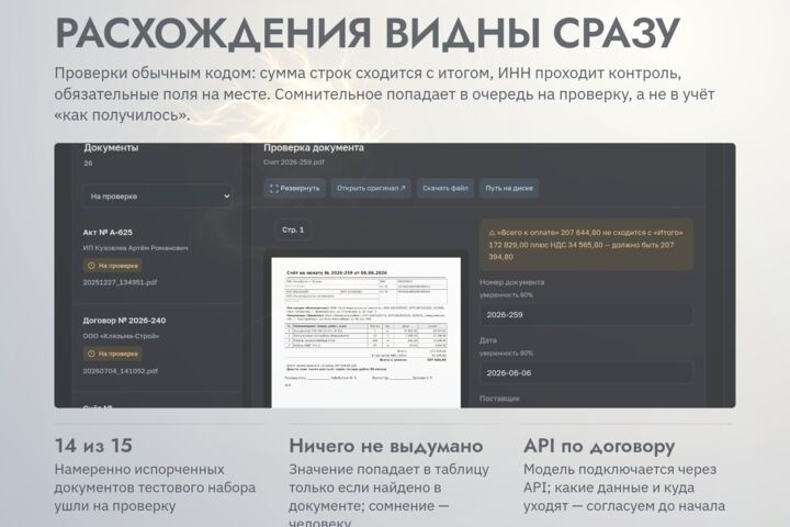 Документы из PDF и сканов — в таблицу: счета, акты, договоры, с проверкой полей