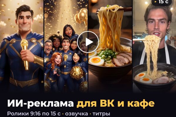 ИИ-реклама 9:16: 4 ролика для ВКонтакте и фуд-ролики для кафе