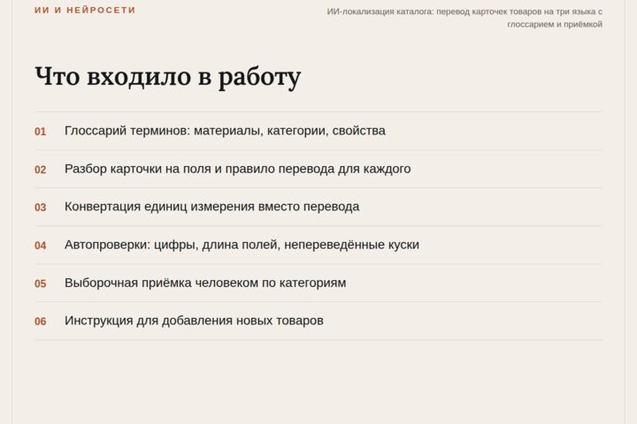 ИИ-локализация каталога: перевод карточек с глоссарием и приёмкой