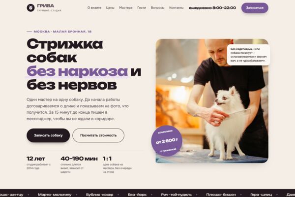 Сайт груминг-студии: визит по шагам, сборка услуги с ценой, запись собаки (готовый сайт-демо)