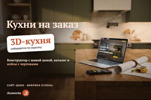 Сайт фабрики кухонь на заказ: 3D-кухня собирается по скроллу, конструктор с живой ценой, каталог и кейсы с чертежами (сайт-демо)