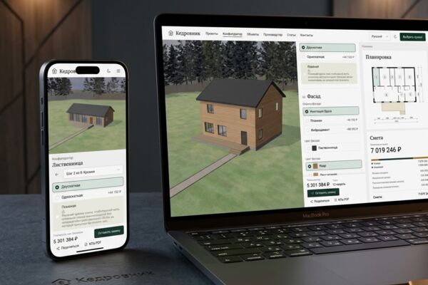 «Кедровник» — B2B/B2C веб-сервис производителя домов с 3D-конфигуратором, автоматическим расчётом сметы и CMS