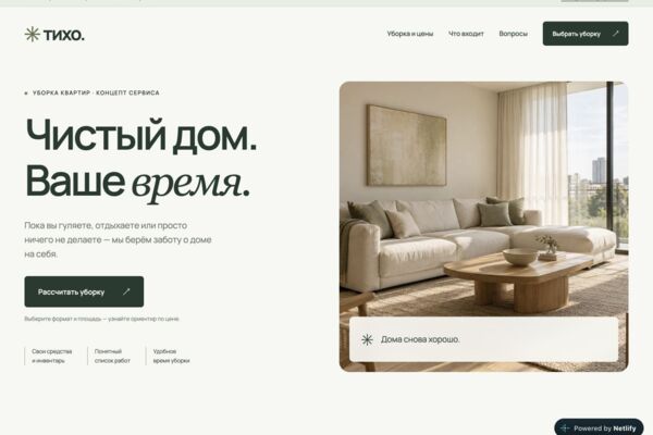 ТИХО — лендинг сервиса уборки с калькулятором (концепт)