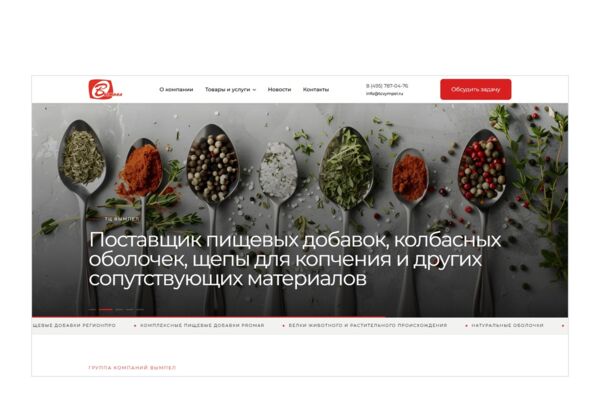 Сайт-каталог поставщика пищевых добавок для мясопереработки на WordPress (собственная тема) — B2B, товарные группы, запрос прайса