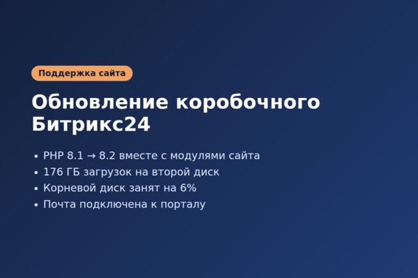 Поддержка сайта: обновление PHP коробочного Битрикс24 и перенос загрузок