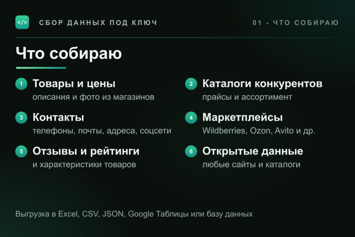 Парсинг сайтов и сбор данных под ключ: товары, цены, конкуренты