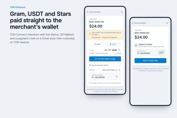 TON Checkout: приём оплаты в Gram, USDT и Telegram Stars для Telegram-ботов, Mini Apps и сайтов, некастодиально