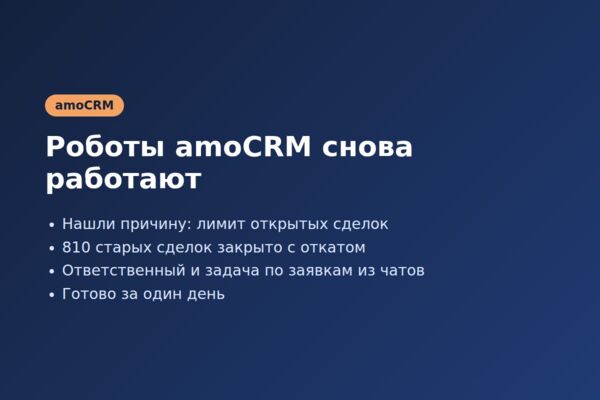 amoCRM: восстановили роботов и назначение ответственных (лимит открытых сделок)
