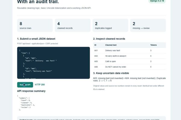 Django data-cleaning API — independent fictional demo